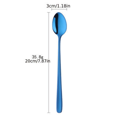 Long handle rainbow ice spoon made of 18/10 stainless steel for mixing and stirring beverages, ice cream, or desserts. Mirror polished.