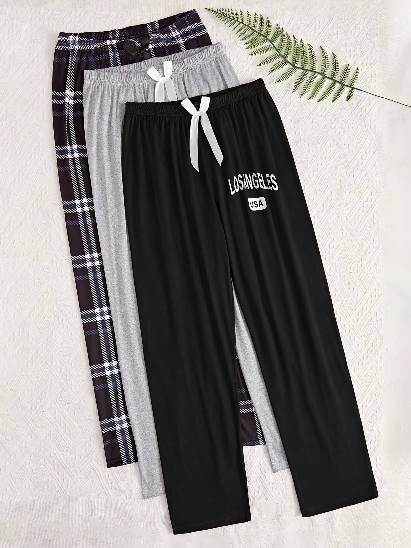 3-Piece Set of Plaid & Letter Print Pajama Bottoms for Women, Casual Loose Fit Pants with Bow Detail