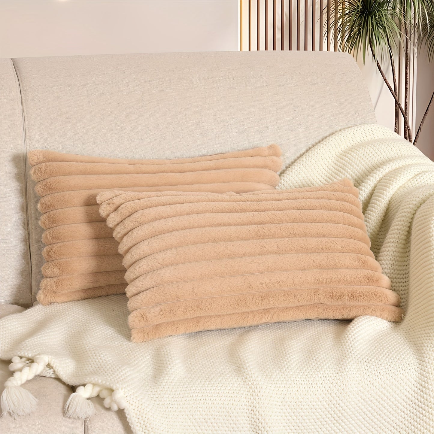 Pair of Boho Chic Faux Wool Plush Throw Pillow Covers with Zipper Closure, ideal for Sofa and Bedroom décor.