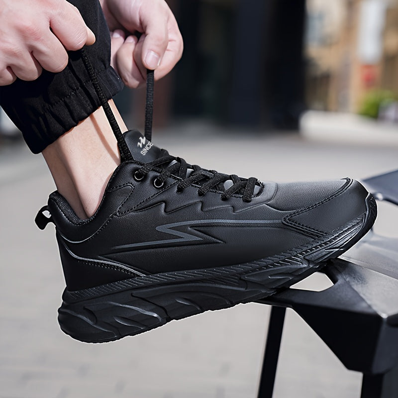 Men's black road running shoes with a casual sporty style, durable rubber sole, comfortable fabric lining, and low-top lace-up design. Suitable for all seasons, these athletic sneakers are