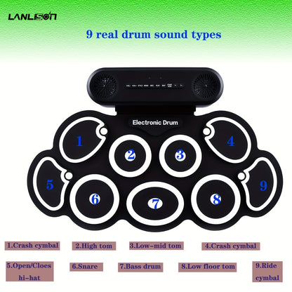 Roll-up electronic drum set with 9 practice pads and built-in speakers, includes drum pedals, drum sticks, and 10-hour playtime.