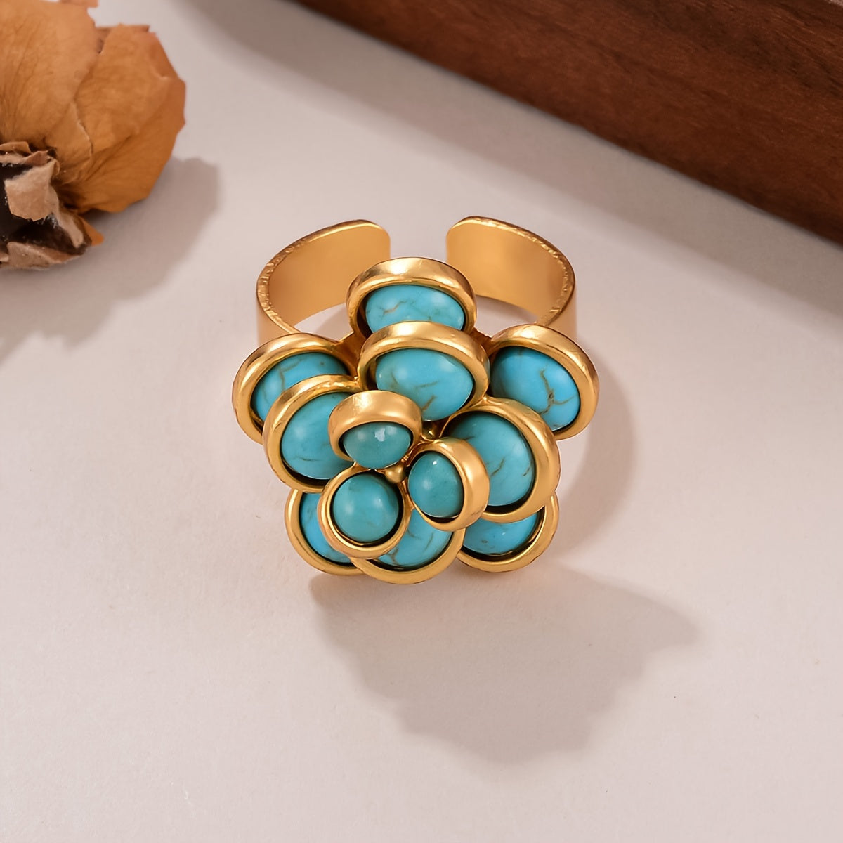 Unique Vintage Boho Style Ring with Turquoise Inlay and 18K Gold Plating - Perfect for Daily Wear and Gifting, Suitable for All Seasons - Women's Ring with One-of-a-Kind Design