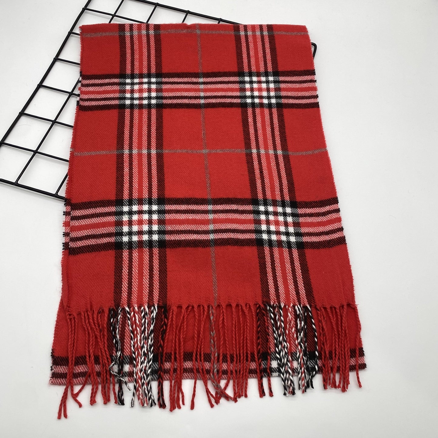 Soft and warm woven polyester men's scarf with classic checkered stripe design and fringe detail - 1 piece of classic style scarf.