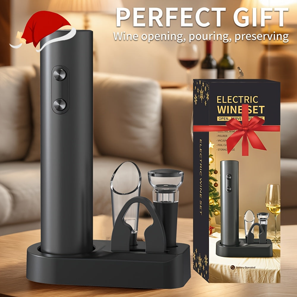 Cheer Moda Electric Wine Opener Set includes a automatic red wine bottle opener, vacuum preservation stopper, pouring accessories, and essential wine tools. 8.31cm x 7.29cm x 23.19cm in size, powered by AA batteries (not included).