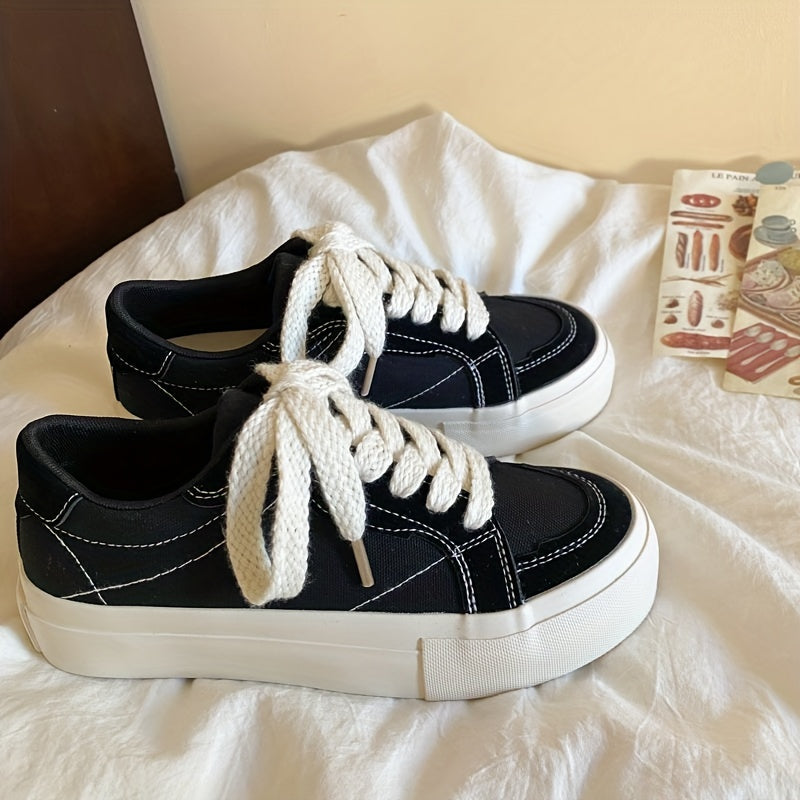 Casual platform canvas sneakers with thick retro soles, solid color design, hand washable fabric inner, and TPR outsole.