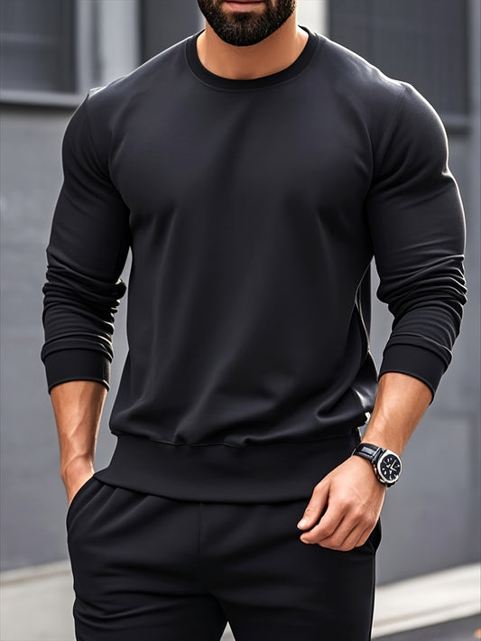 Men's Casual Knitwear Set - Long Sleeve Crew Neck Top & Pants, Solid Color, Machine Washable, Perfect for Fall/Winter, High Quality, Base Layer