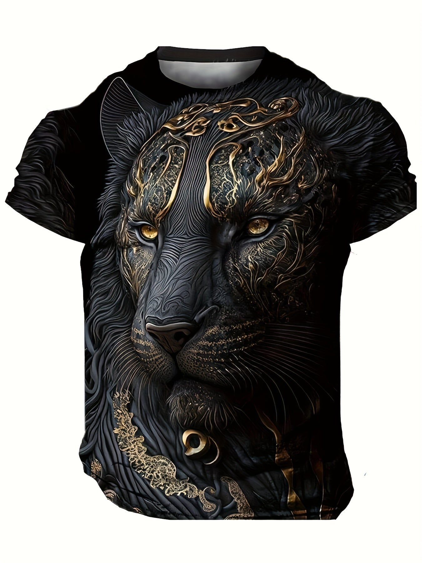 Men's Lion Illustration Print T-shirt with 3D animation, crew neck, short sleeves, ideal for street and sports wear in summer fashion.