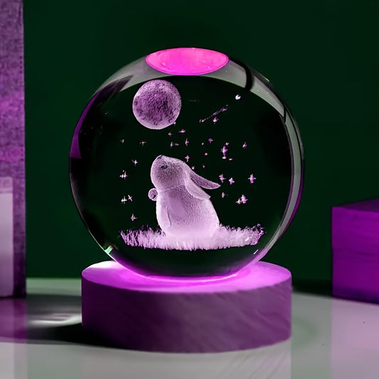 3D Carved Rabbit Moon Crystal Ball ornament with colorful base, perfect as a small night light or gift for mom, girlfriends, or for Valentine's Day or birthdays. Ideal for home, living room, or office décor.