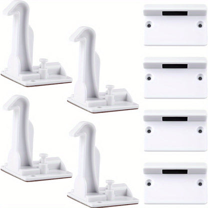 This set includes 8 child safety cabinet latches made of ABS material that is phthalate-free. They are easy to install with no drilling required, providing a secure fit. The invisible locks are perfect for drawers and countertop overhangs, recommended