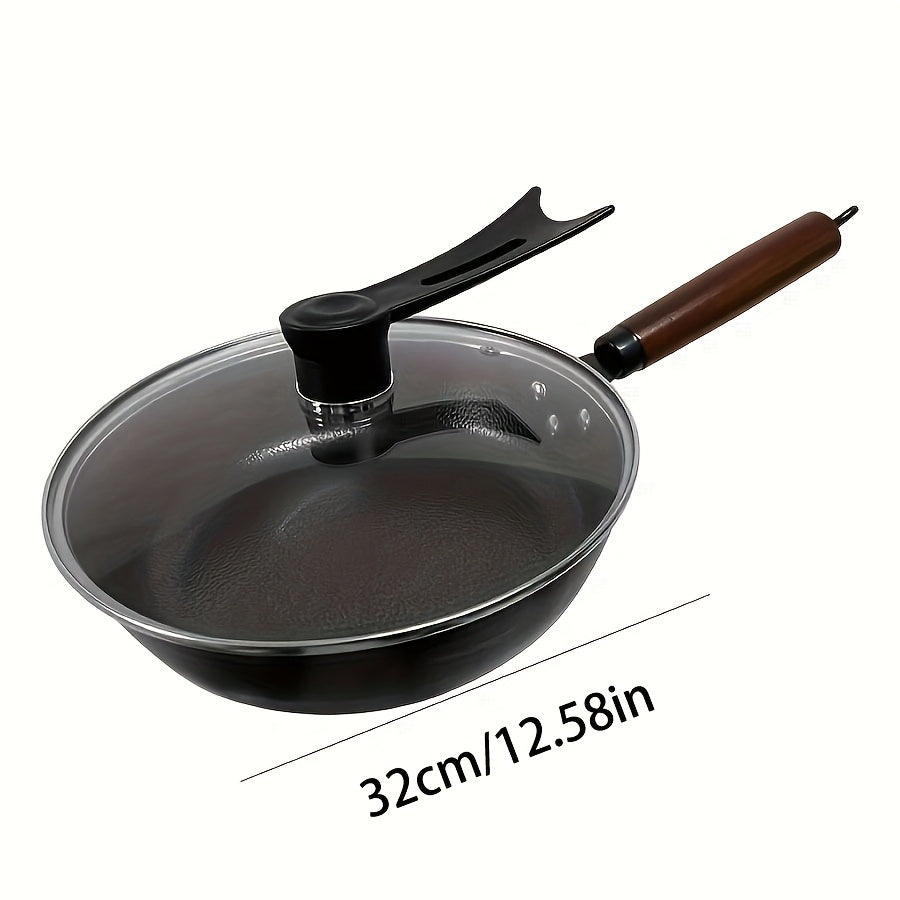 This fine iron wok is crafted with a 0-layer hammer pattern design, ideal for cooking. It is non-stick and perfect for household use on induction cookers or gas stoves. Featuring a universal flat bottom design, this wok comes in multiple sizes for you to