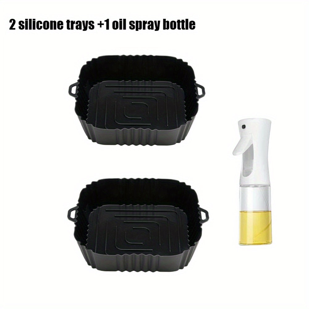 1. Set of 3 Air Fryer Silicone Baking Trays with Oil Spray Bottle
2. Air Fryer Tray for Household Use with Oil Spray Pot
3. Kitchen Cooking Oil Spray Pot and Can for Air Fryer