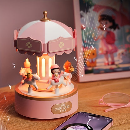 Cartoon Carousel Music Box Night Light with adjustable lighting and push button control, rechargeable via USB. Perfect for home decor and gifting.