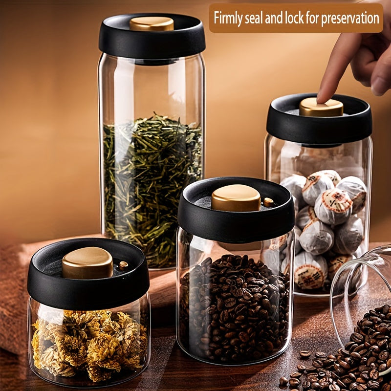 Airtight glass coffee canister for beans, grains, and tea, with vacuum seal lid, made of high borosilicate for home kitchen organization.