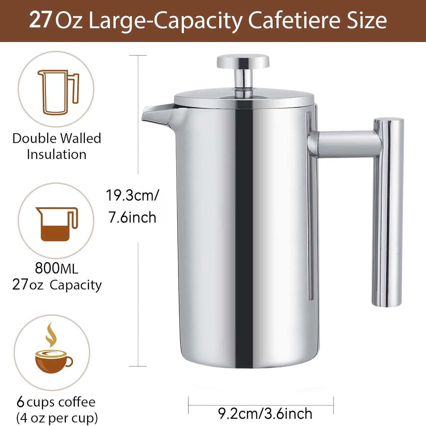 Stainless steel French press coffee pot is durable and ideal for making delicious coffee in the comfort of your home.