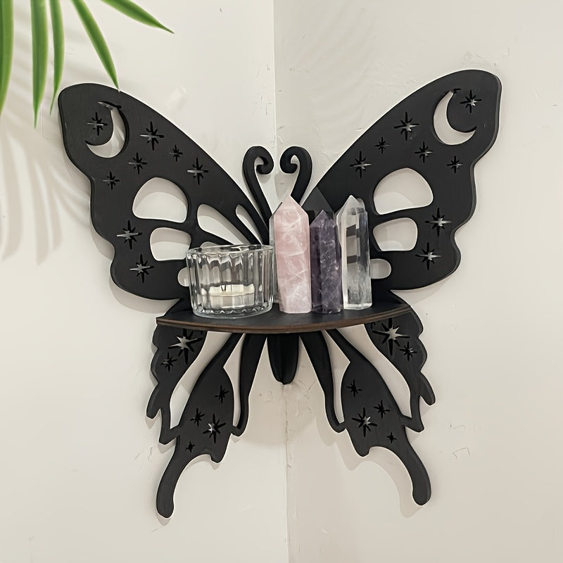 Black wooden wall shelf in the shape of a lotus and butterfly, ideal for displaying candles. Made of manufactured wood, suitable for festive wall decor.