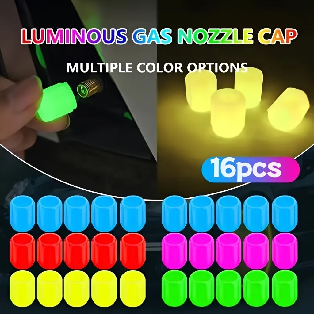 16pcs Luminous Tire Valve Stem Caps for bikes, motorcycles, and cars. Glow-in-the-dark wheel valve covers made of durable plastic. Dust-proof, leak-proof design.