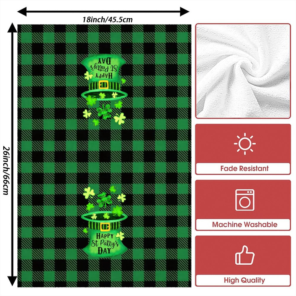 Two pieces of ultra-soft St. Patrick's Day tea towels measuring 45.72x66.04cm. These quick-dry, highly absorbent polyester dish towels feature a charming leprechaun hat and shamrock design, making them ideal for both home use and gifting. Add a festive