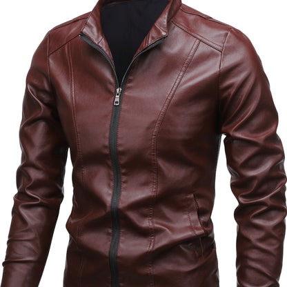 Men's Casual PU Leather Jacket with Stand Collar and Zipper Placket, Regular Fit and Long Sleeve, Non-Stretch Woven Moto Style Outwear.