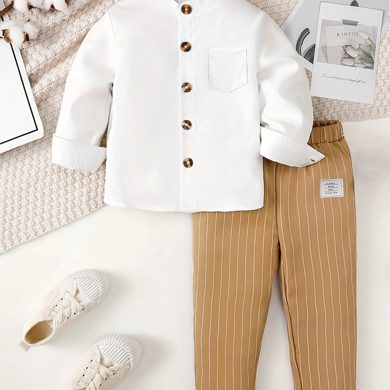 Boys' two-piece suit with round neck long sleeve shirt and striped trousers, perfect for outdoor wear.