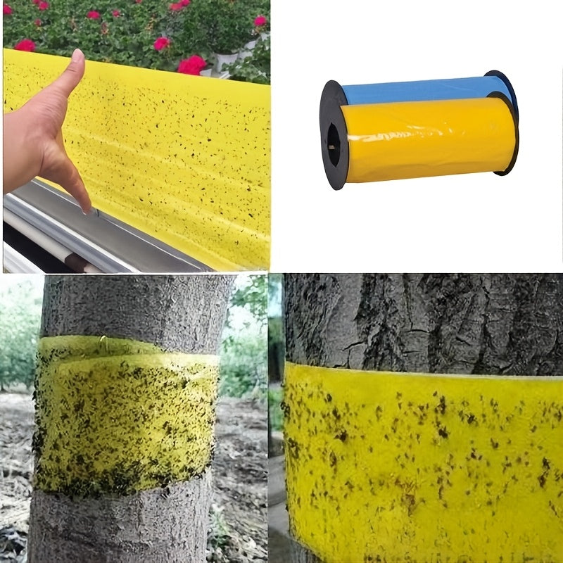 High strength dual-sided insect fly catcher tape in yellow and blue. Waterproof and sunproof adhesive strip for pest control in garden, greenhouse, orchard, and floral protection. No power