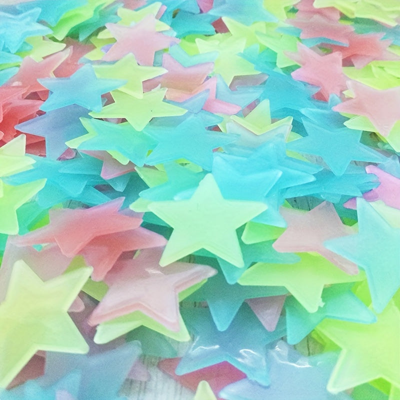 100 glow-in-the-dark star wall stickers with matte finish. Reusable and self-adhesive for fantasy themed rooms. Can be used on multiple surfaces.