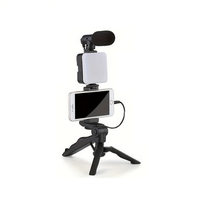 Portable live streaming tripod kit with square light, tripod stand, and microphone, designed for one-person operation and compatible with external cameras and devices.