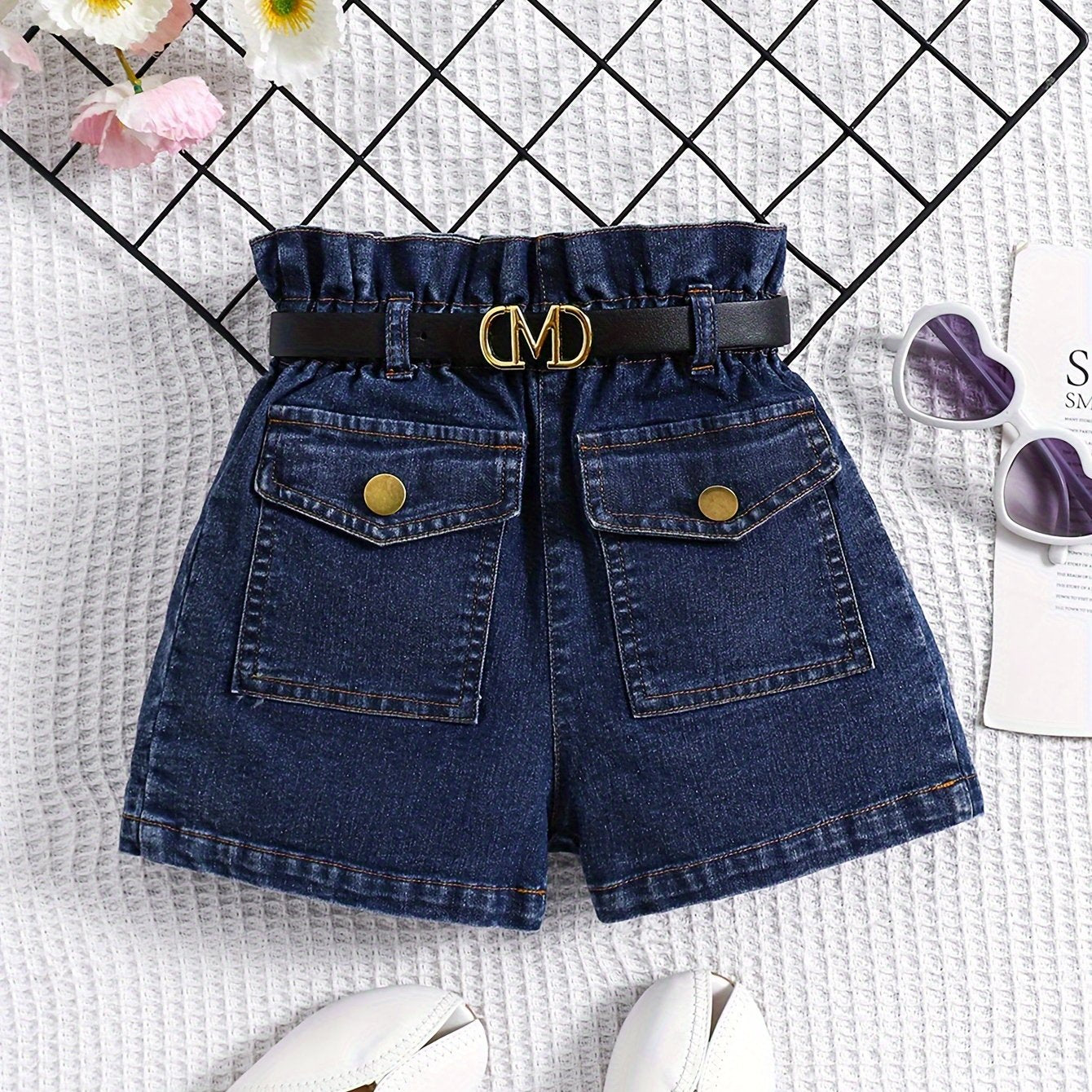 [Casual Joy] Girls' High-Waist Stretch Denim Shorts with Adjustable Belt - Comfy & Casual with Pockets, Ideal for Spring/Summer/Fall, Playful Youngsters Apparel|Cute & Durable Fabric