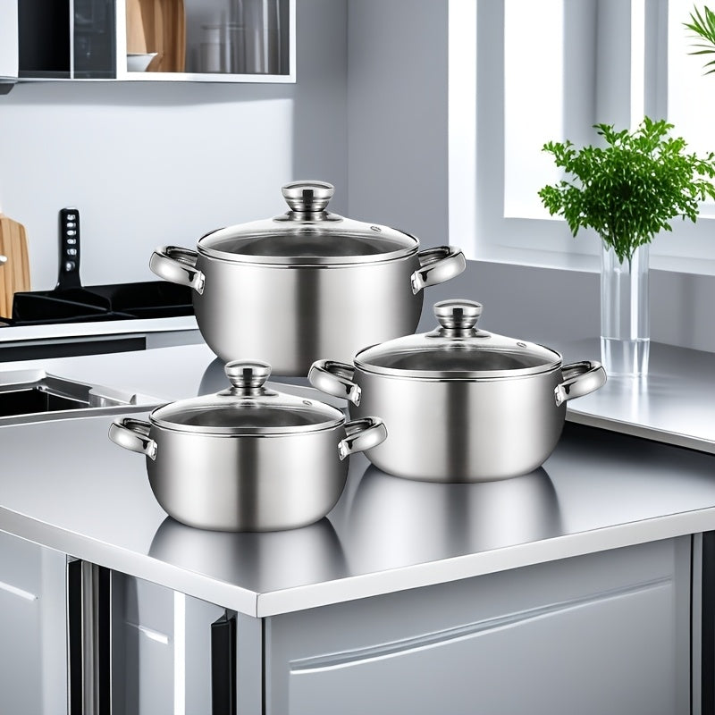 Three-piece kitchen cooking pot set made of stainless steel, including a stockpot, a pearl pot, and a hot pot, all perfect for holiday promotions.