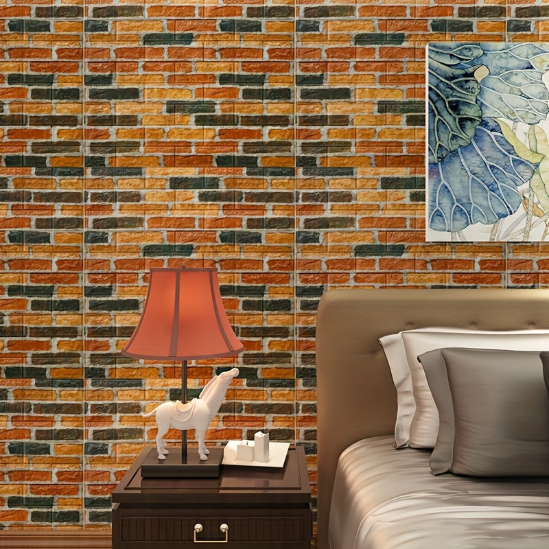 10pcs self-adhesive PVC wallpaper 3D brick wall stickers measuring 70cm X 77cm for DIY home decor in bedroom and bathroom.