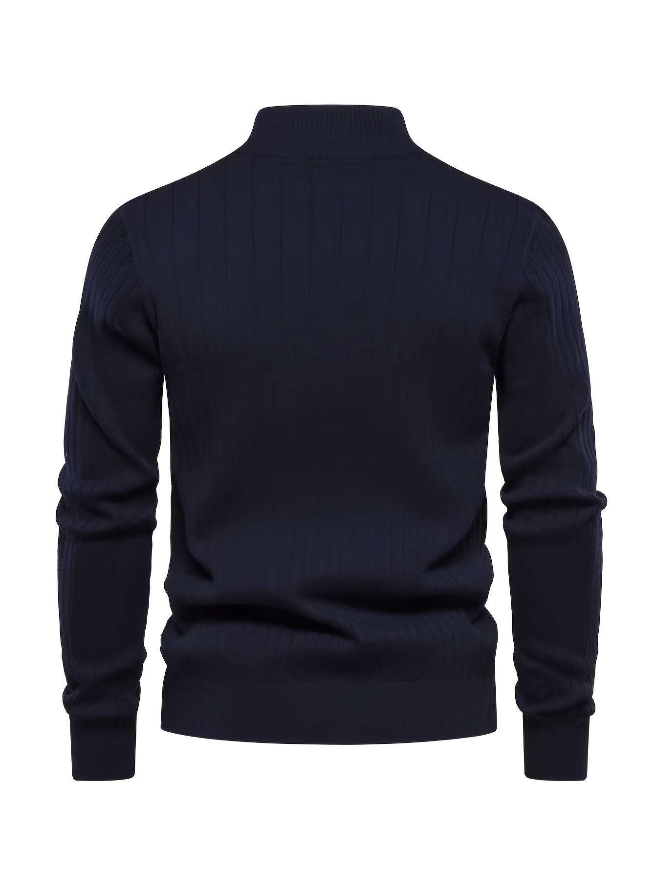 Men's stand collar zip-up sweater made of viscose blend with solid color, long sleeves, and regular fit, suitable for all seasons.