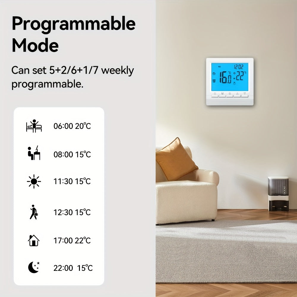 1-piece hand-controlled gas boiler thermostat with AA battery lock and smart temperature controller.