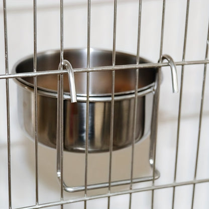 Stainless steel hanging dog bowl with clamp holder to prevent spills and protect neck.