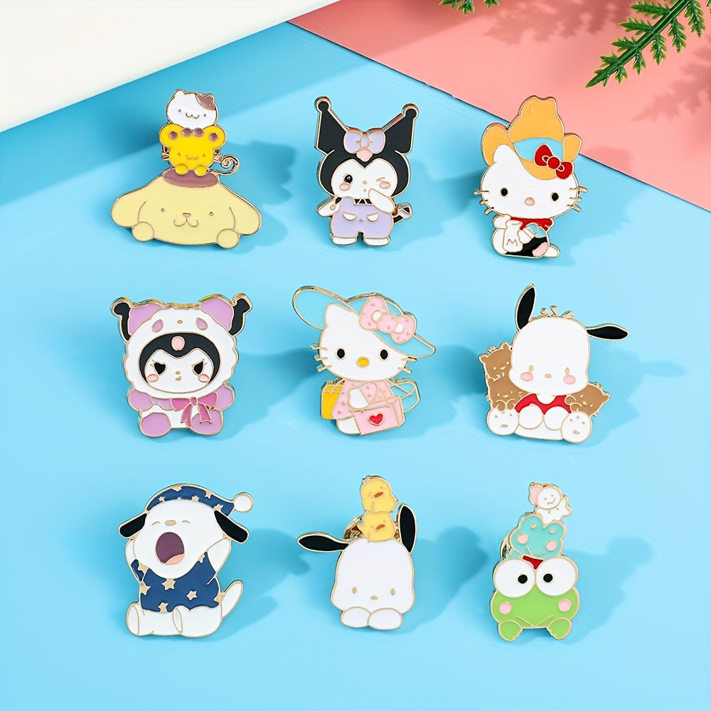 Cute Sanrio Cartoon Kulomi Brooch Set of 9, featuring adorable animal designs with colorful zirconia accents. Made from zinc alloy enamel, perfect for accessorizing backpacks, clothing, and jewelry as a charming holiday gift.