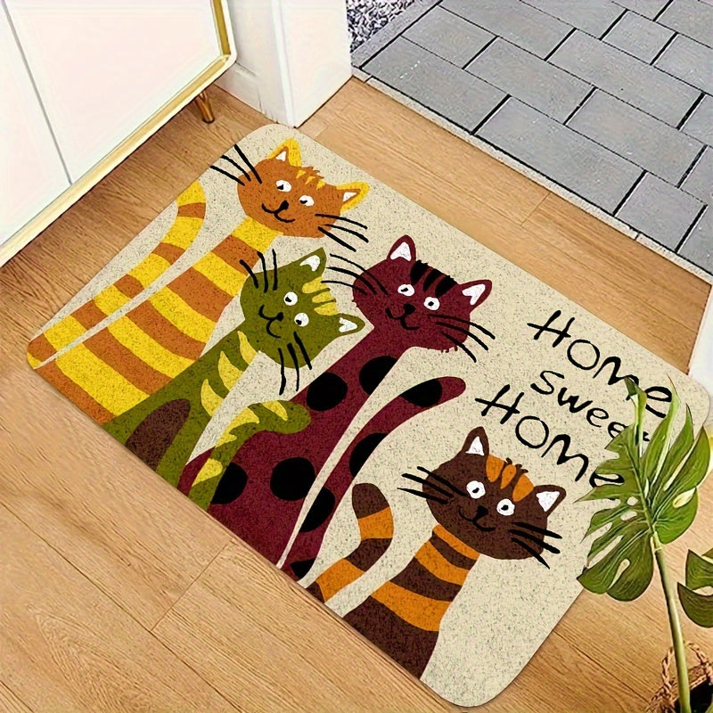 Adorable Cartoon Cats Doormat - Featuring Machine Washable Polyester Material and Non-Slip Backing - Stylish Flower Pattern Ideal for Living Room or Bedroom Décor