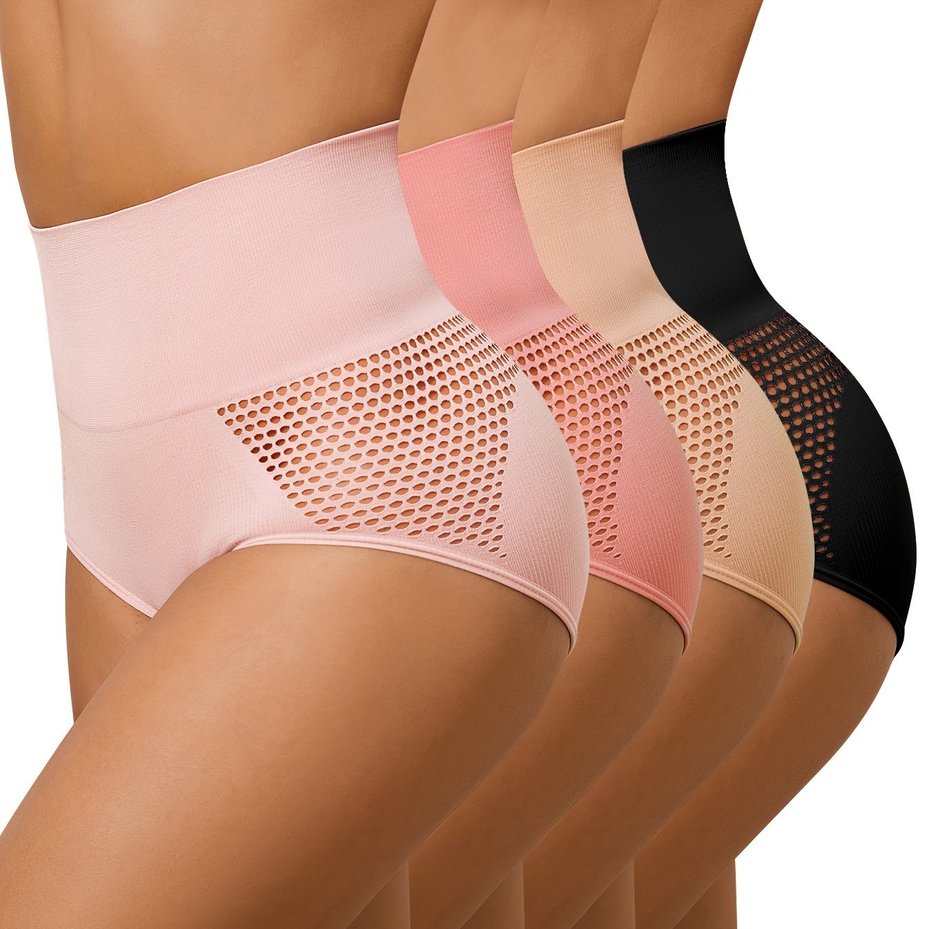 NADIA GO 4-Pack High Waist Tummy Control Shapewear Panties for Women, Breathable Mesh, Postpartum Body Slimming, 90% Polyamide, 10% Elastane, Solid Color, Knit Fabric, 220gsm