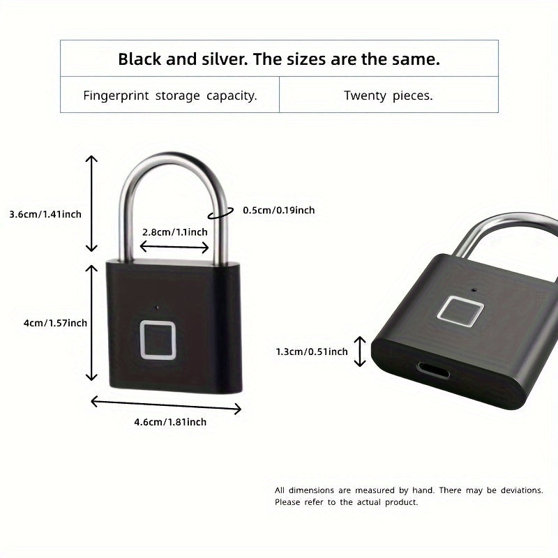 Upgraded Type-C fingerprint padlock with storage for 20 prints, made of zinc-golden alloy.