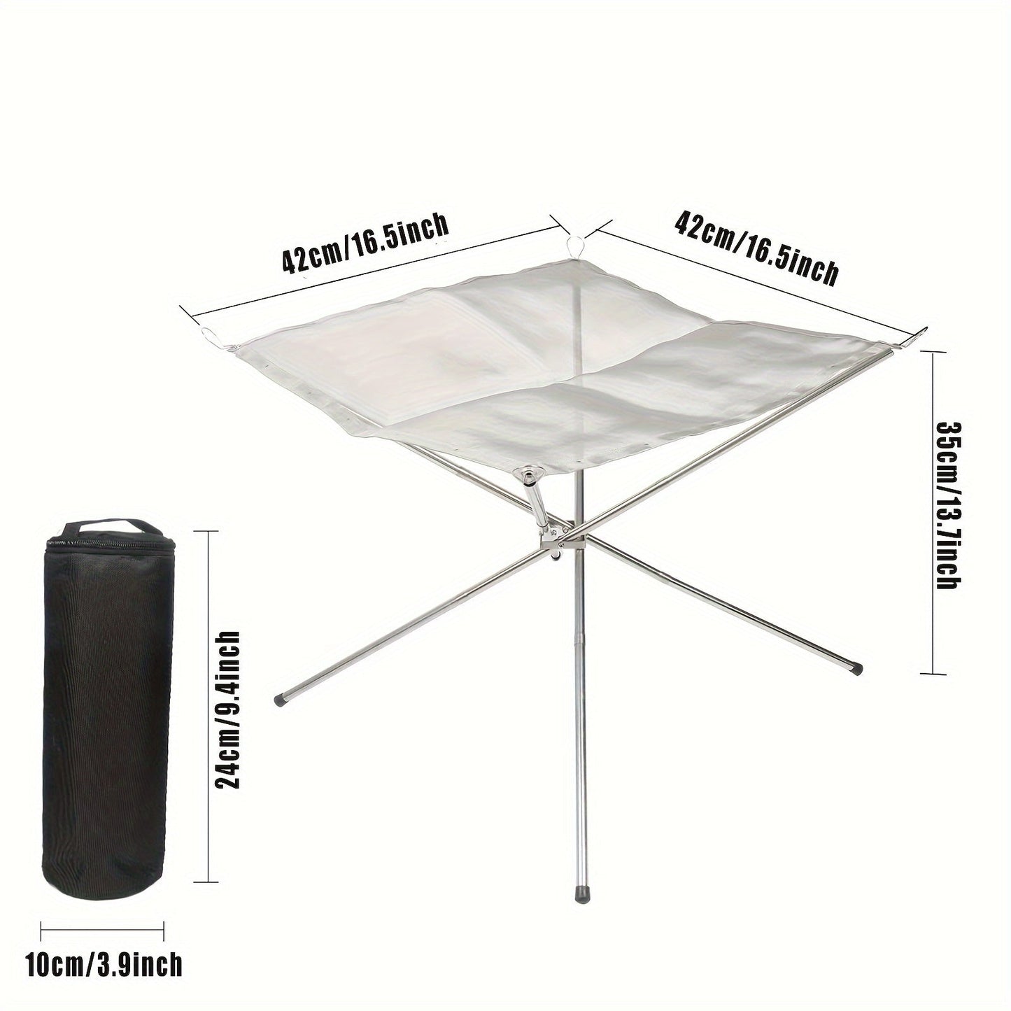 Portable Campfire Pit Grill made of stainless steel with a collapsible fire stand for camping, picnic BBQ. Includes a log carrier holder and carrying case.