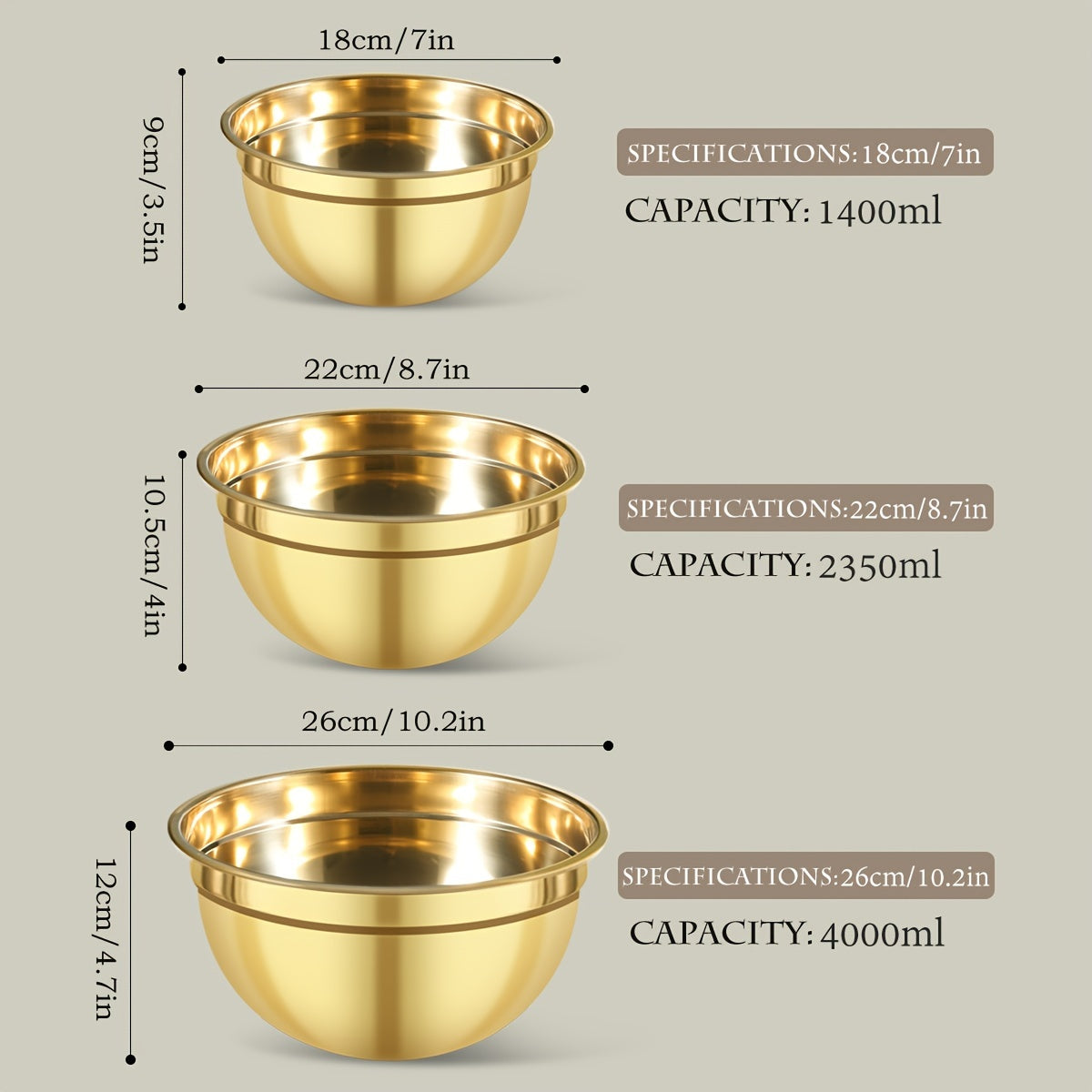 Stainless steel mixing bowl set in gold with lids in white, black, and khaki. Ideal for Christmas serving, baking, preparation, cooking, and serving food. Nested design saves space, dishwasher safe. Available in various sizes from 500ml to 4000ml.