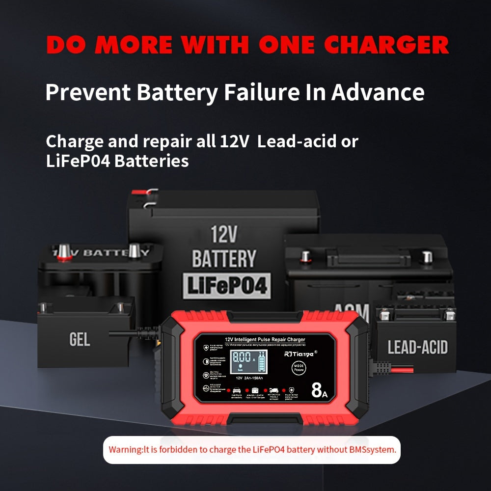 12V 8A Smart Pulse Repair Charger with LCD Display for Vehicles - Intelligent Battery Maintainer for Various Battery Types - Automatic Mode, Overheat & Overcharge Protection, Stylish Red &