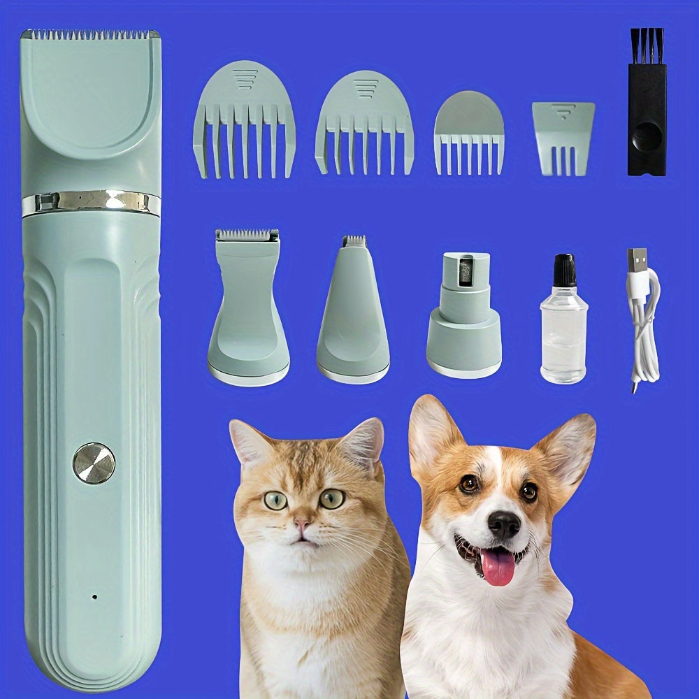 PetPro 4-in-1 Rechargeable Pet Grooming Kit for Cats & Small Dogs - Dual power electric clipper, nail trimmer, foot razor with Lithium 18650 Battery.