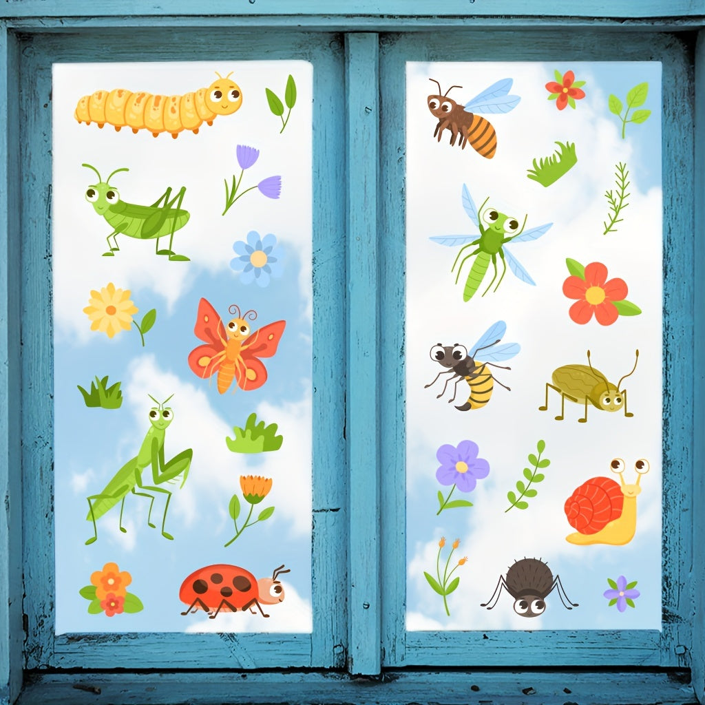 Two static electricity glass stickers featuring cartoon insects and flowers with intricate detailing. These decorative stickers are detachable and designed for glass windows measuring 29.97cm x 20.07cm.