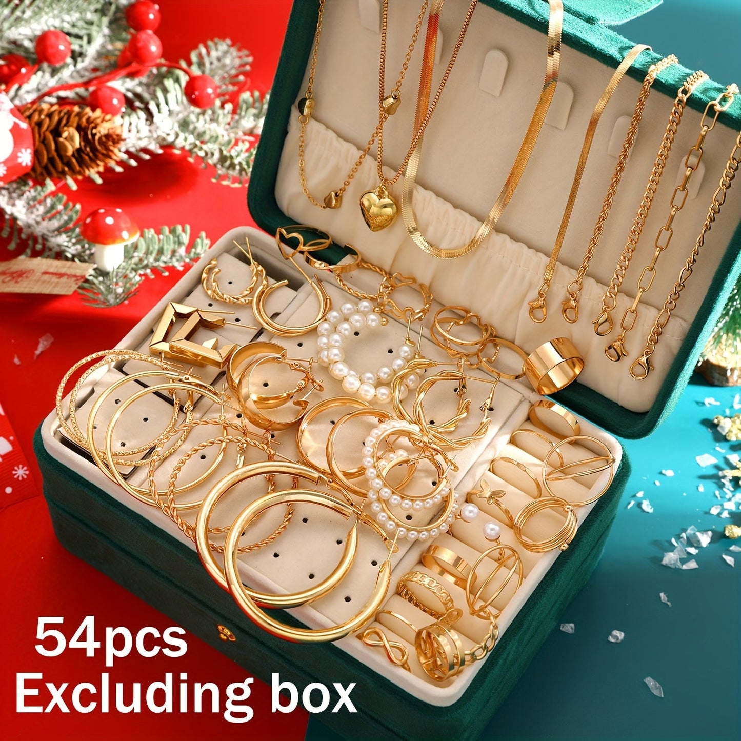 Luxurious 54-Piece Christmas Themed Jewelry Set - Made with High-Quality Zinc Alloy and Imitation Pearl Details, No Plating - Includes Fashionable Rings, Earrings, Heart Pendant Necklaces, and Bracelets for Women - Versatile Accessories Perfect for