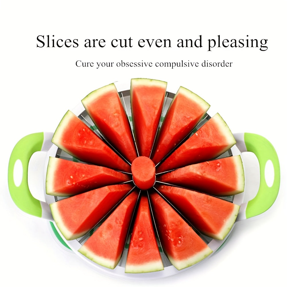 Get your hands on the 2-piece Extra Large Watermelon Cutter and Slicer; a durable stainless steel tool featuring a comfortable silicone handle. This versatile fruit slicer is perfect for cutting watermelon, cantaloupe, pineapple, and honeydew with ease.