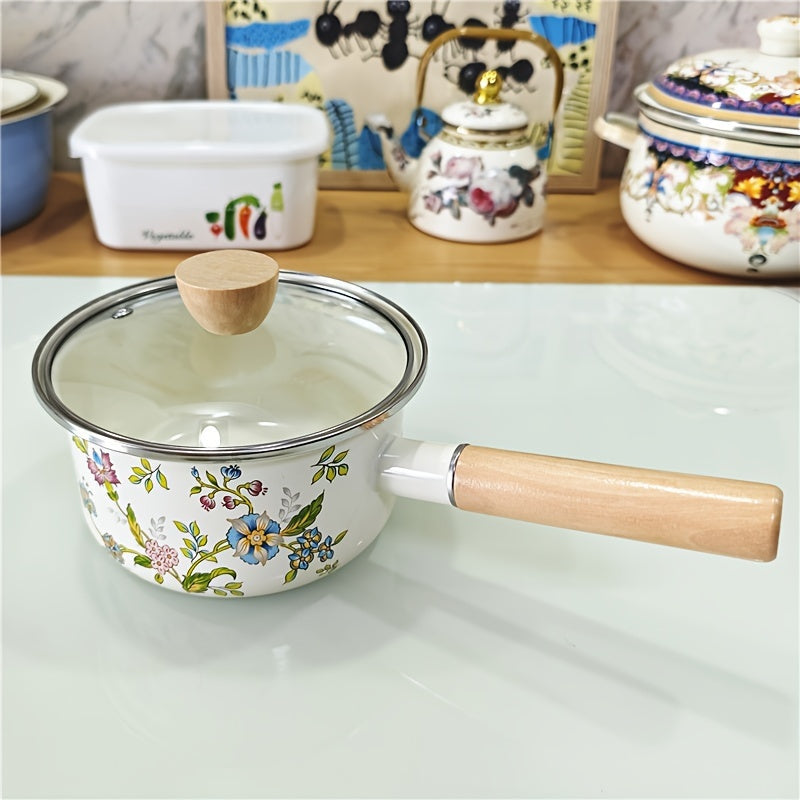 1 piece of a 7-inch enamel saucepan with a single handle, suitable for both gas and induction stoves. Ideal for cooking noodles and milk, this saucepan is thickened and perfect for home use.