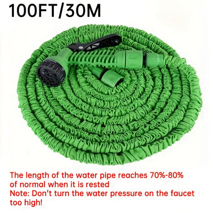 Magic Retractable Garden Hose with High Pressure and Multi-Function capabilities, includes extendable nozzle, rubber material, connectors, cleaning tool, and dust removal. Comes in