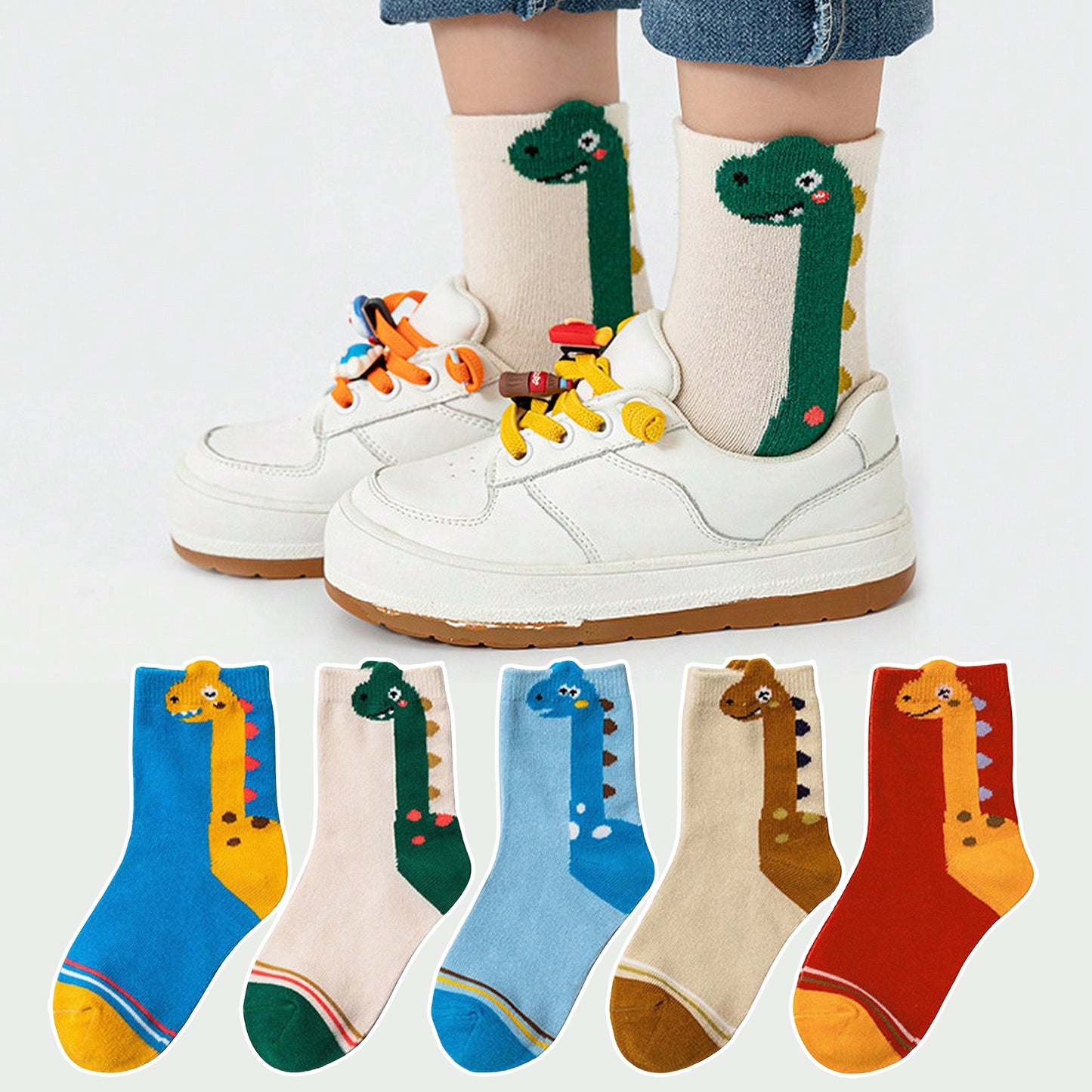 5pcs Kids' Dinosaur Crew Socks - Breathable & Comfy, Ideal for Boys and Girls, Year-Round Wear