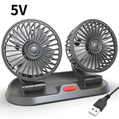 The [1pc Dual Head Portable Car Fan] features 5-blade turbo high-velocity airflow and 360-degree rotatability. It operates with low noise thanks to its copper dual motor and can be powered by USB. Suitable for use in 5-seater vehicles, indoors, and