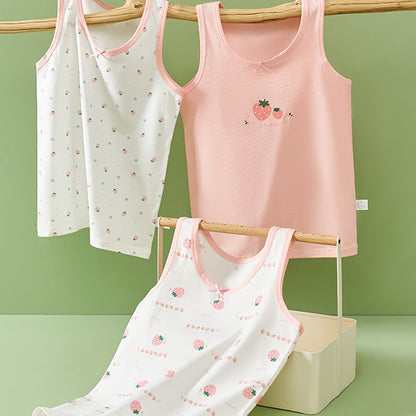 Set of 3 girls' cotton blend tank tops with cartoon patterns, bow detail, and sweat-resistant technology. Suitable for ages 12 and under.