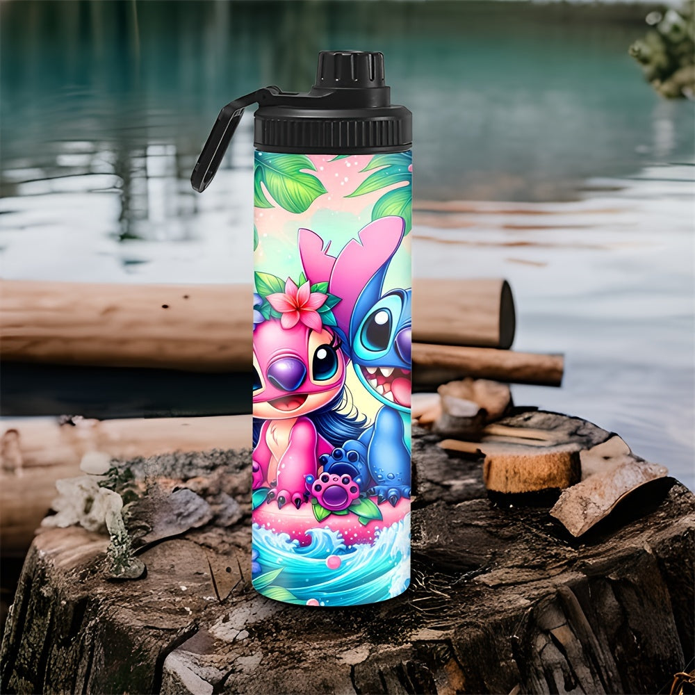 1pc 20oz Stainless Steel Water Container featuring Stitch and Angel cartoon characters, insulated for hot/cold beverages, perfect for outdoor travel, a great Christmas or Birthday gift, with lockable lid and BPS-Free.