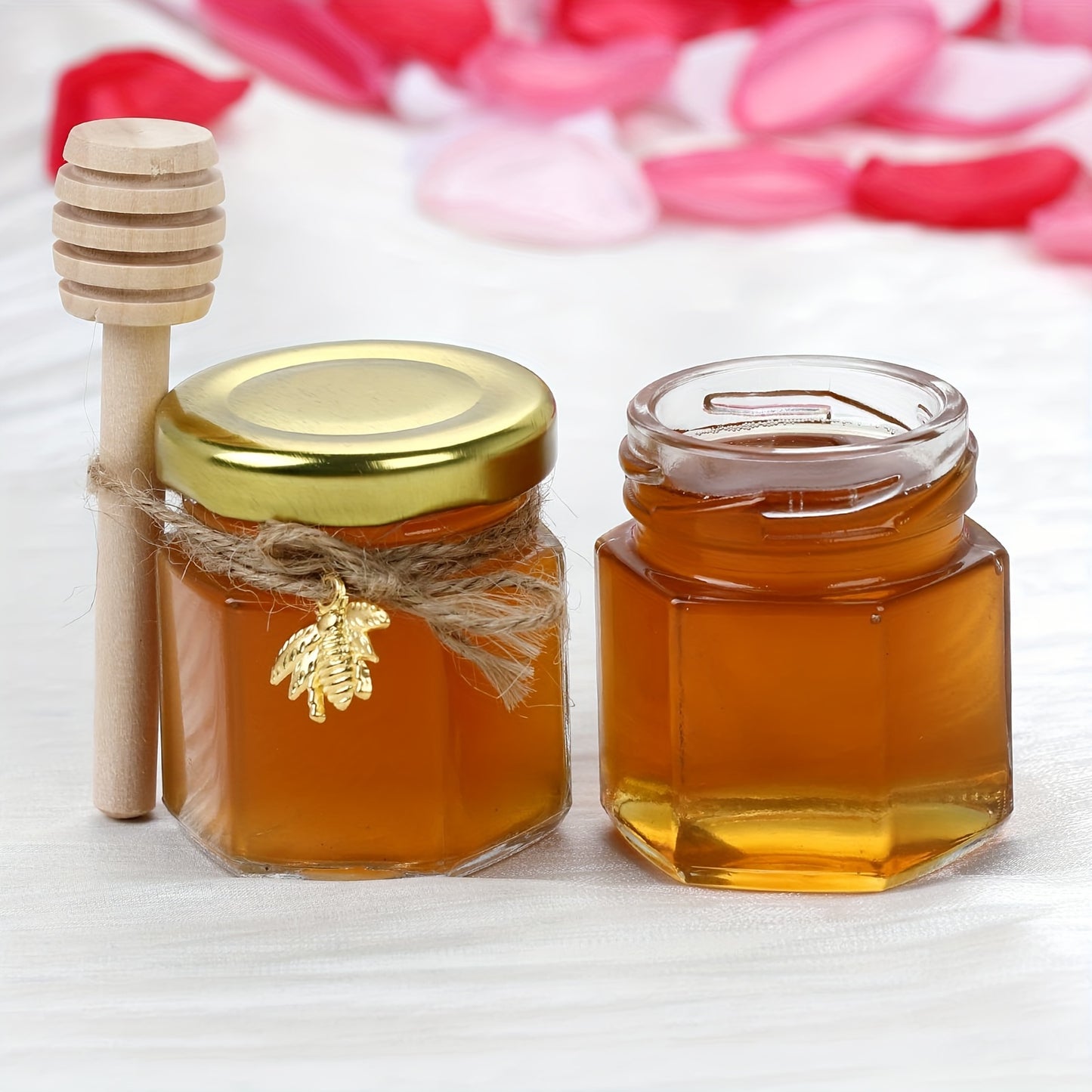 60/50/30/20 Honey Jars, 1.5 oz Hexagon Mini Glass Jars with Wood Dipper, Golden Lid, Bee Pendant, Jute Rope - Perfect for Jam, Candies, Baby Showers, Weddings and Favors.